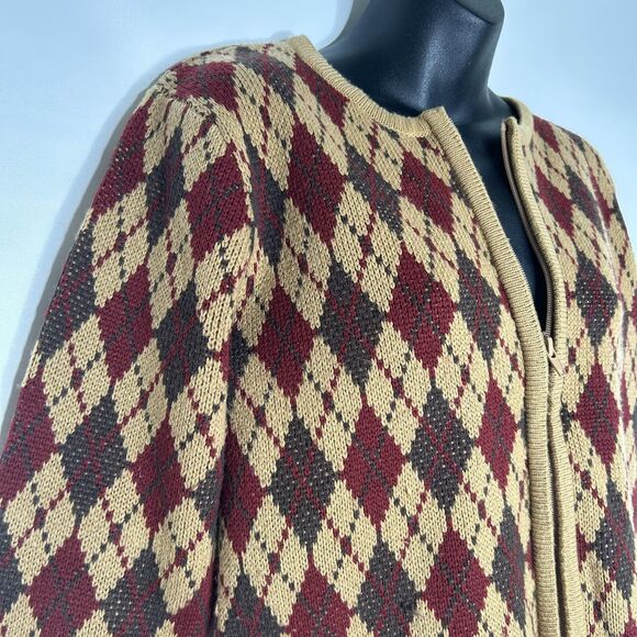 CLASSIC ELEMENTS Womens Vintage Brown‎ Argyle Zip Cardigan Size Petite Small - Picture 3 of 6
